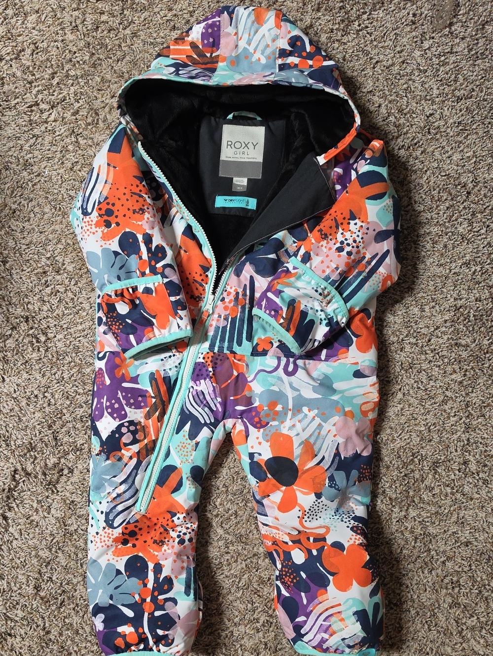 Floral Print Mint & Orange Kids One-Piece Snowsuit